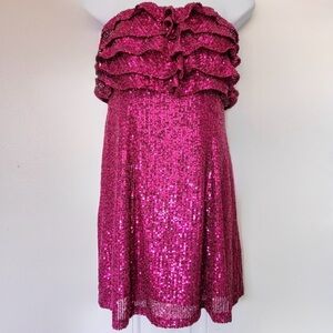 Free People Frida Berry Pink Strapless Sequin Ruffle Mini Dress Back Zip Size 10